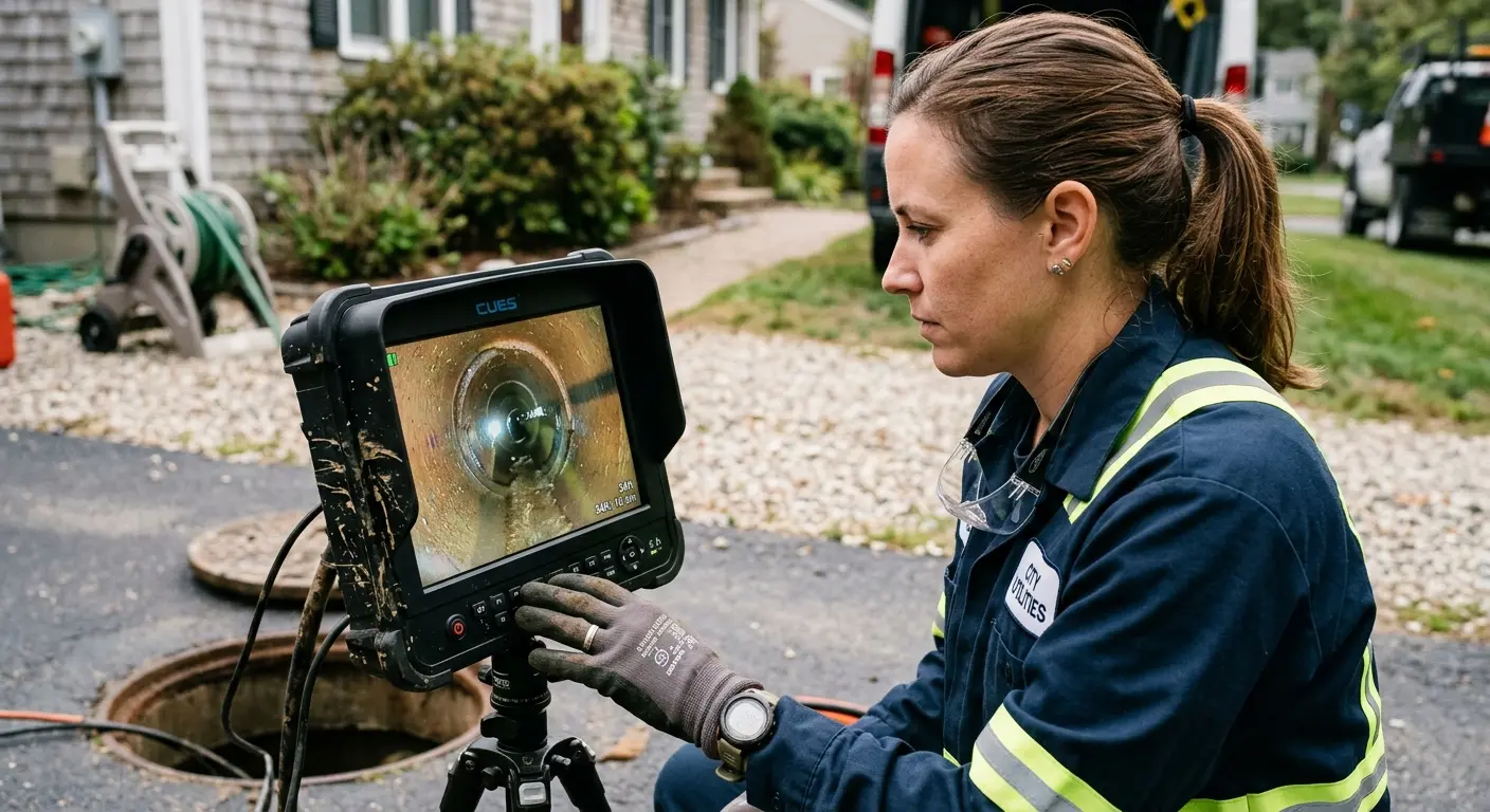 Technician reviewing sewer camera inspection footage in Ludington