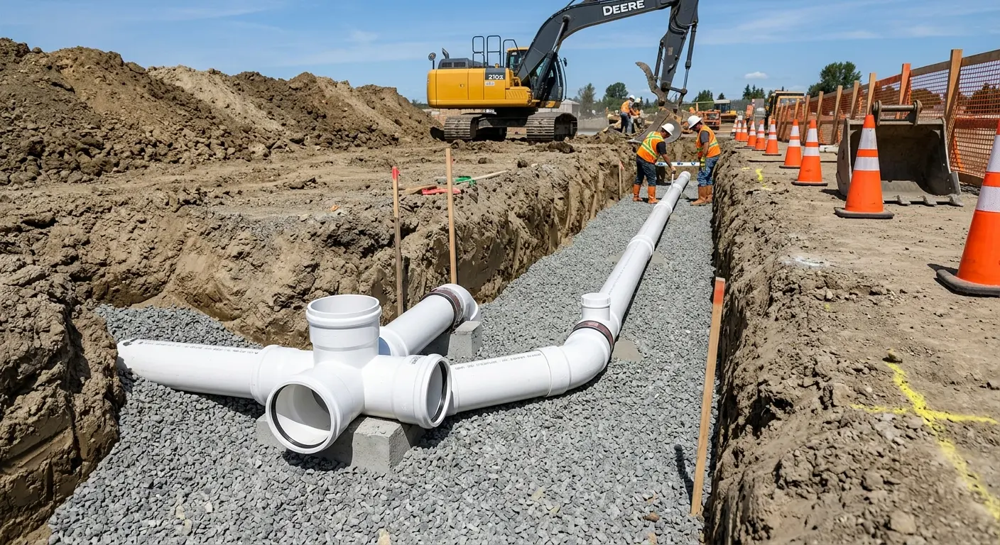 New PVC sewer pipe installation in open trench for Grease Trap Cleaning in Ludington